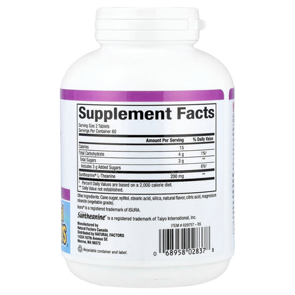 Natural Factors Stress-Relax Suntheanine L-Theanine, Fruit, Chewable Tablets, 120 Chewable Tablets - supplement facts and ingredients label