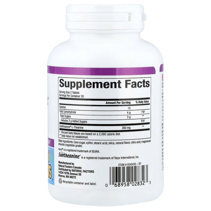 Natural Factors Stress-Relax Suntheanine L-Theanine, Fruit, Chewable Tablets, 60 Chewable Tablets - supplement facts and ingredients label