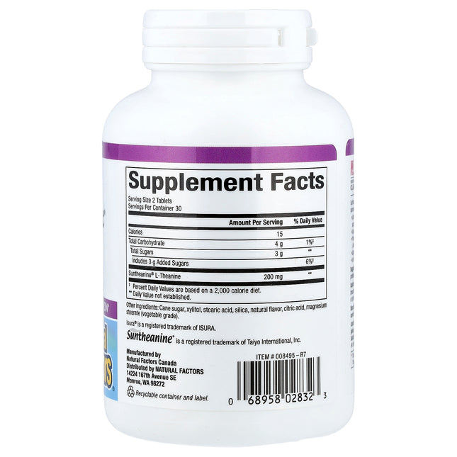 Natural Factors Stress-Relax Suntheanine L-Theanine, Fruit, Chewable Tablets, 60 Chewable Tablets - supplement facts and ingredients label
