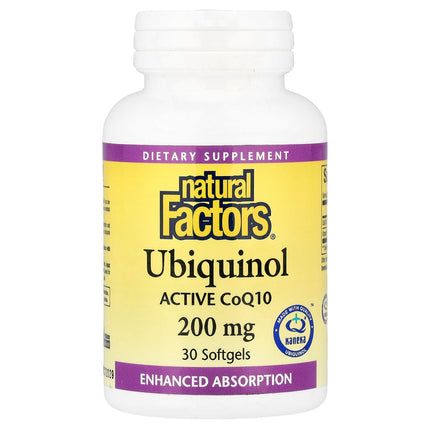 Natural Factors Ubiquinol Active CoQ10 200 mg bottle front, 30 softgels