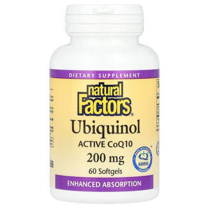 Natural Factors Ubiquinol Active CoQ10 200 mg bottle front, 60 softgels