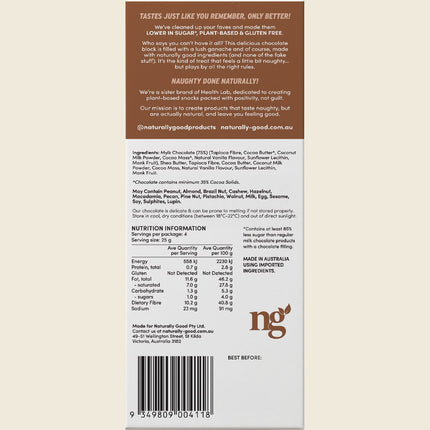 Naturally Good Filled Chocolate Block Ganache 100g, back label with nutrition information and ingredients