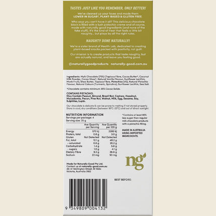 Naturally Good Filled Chocolate Block Pistachio Creme 100g, back label with nutrition information and ingredients