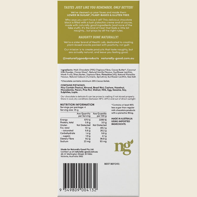 Naturally Good Filled Chocolate Block Pistachio Creme 100g, back label with nutrition information and ingredients