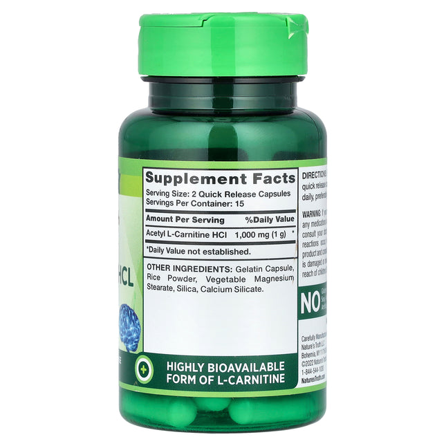 Nature's Truth Acetyl L-Carnitine HCL, Super Strength, 500 mg per Capsule 30 Quick Release Capsules - back label with supplement facts and ingredients