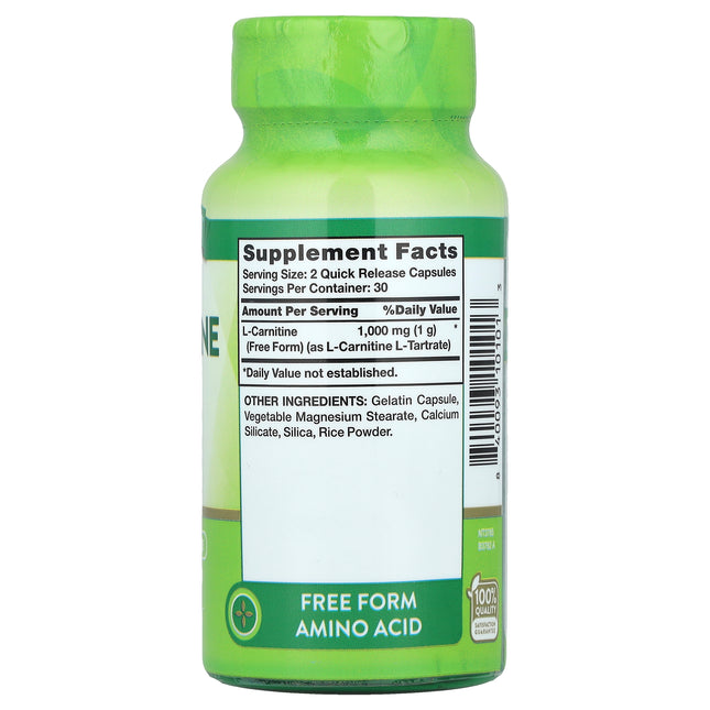 Nature's Truth L-Carnitine, Mega Strength, 500 mg per Capsule 60 Quick Release Capsules - back label with supplement facts and ingredients