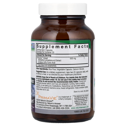 Nature's Answer Himalayan Shilajit 60 Vegetarian Capsule 250 mg - back of bottle with supplement facts