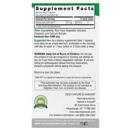Nature's Answer NSK-SD Nattokinase 100mg 60 Vegetarian Capsules supplement facts back label
