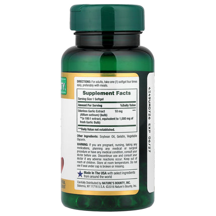 Nature's Bounty Garlic Extract 1,000 mg 100 Rapid Release Softgels - back label with Supplement Facts