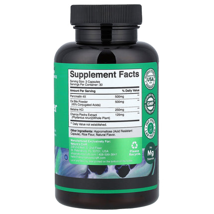 Nature's Craft Gallbladder Support bottle back label with supplement facts and ingredients