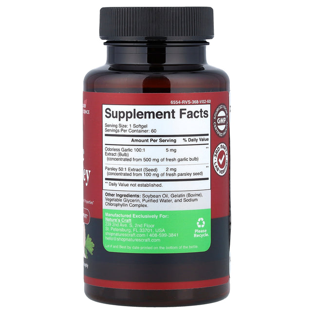 Nature's Craft Garlic & Parsley 60 Capsules - back label with Supplement Facts