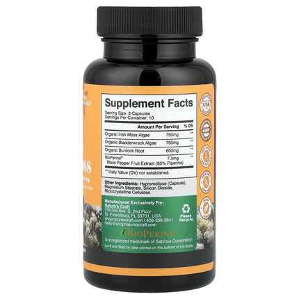 Nature's Craft Irish Sea Moss 30 capsules back label with supplement facts and ingredients