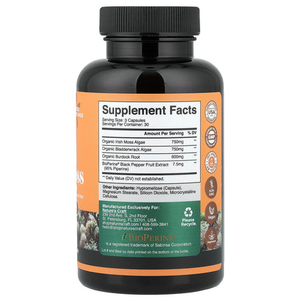 Nature's Craft Irish Sea Moss 90 capsules back label with supplement facts and ingredients