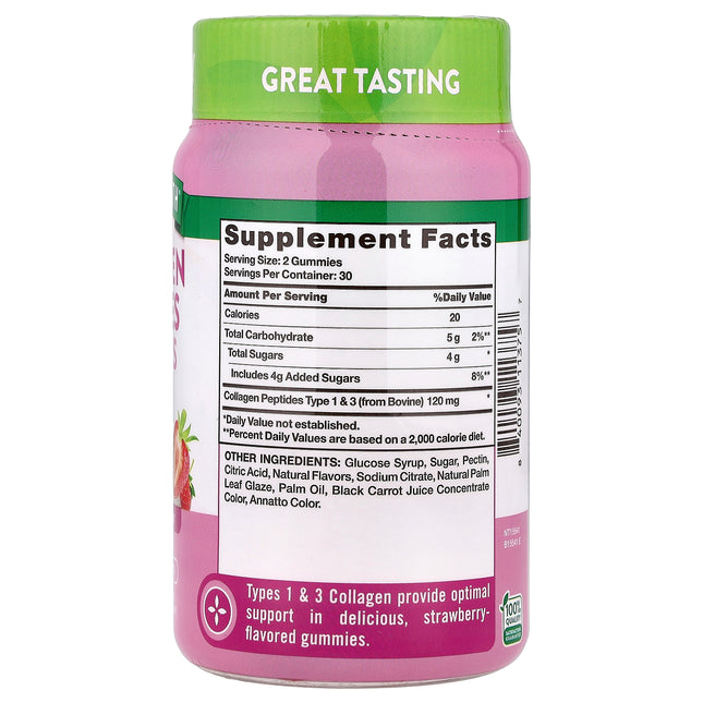 Nature's Truth Collagen Peptides Gummies, Type 1 + 3, Delicious Strawberry - Back label with supplement facts and ingredients