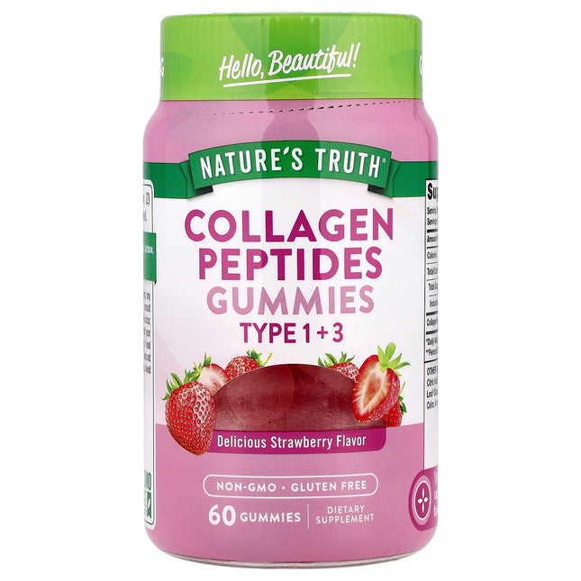 Nature's Truth Collagen Peptides Gummies, Type 1 + 3, Delicious Strawberry - Front of pack