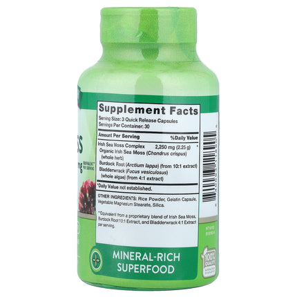 Nature's Truth Irish Sea Moss Complex 90 quick release capsules back label with supplement facts and ingredients