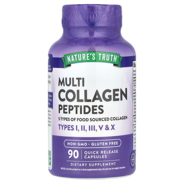 Nature's Truth multi collagen peptides capsules, 5 types of collagen, bottle of 90 quick release capsules