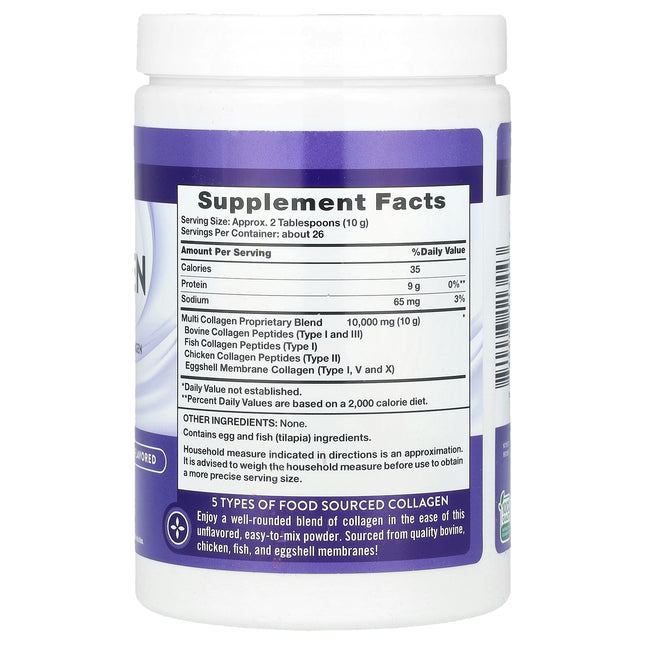 Nature's Truth Multi Collagen Peptides Powder, Unflavoured - Back label with supplement facts and ingredients