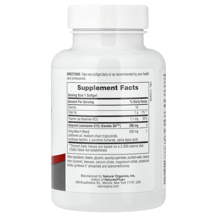 NaturesPlus Beyond CoQ10 ubiquinol 200 mg 30 softgel bottle showing directions, supplement facts and ingredients