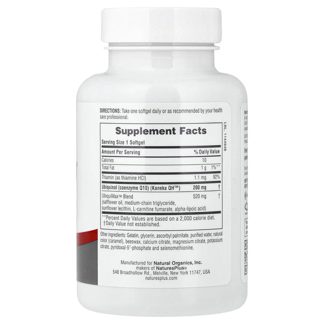 NaturesPlus Beyond CoQ10 ubiquinol 200 mg 30 softgel bottle showing directions, supplement facts and ingredients
