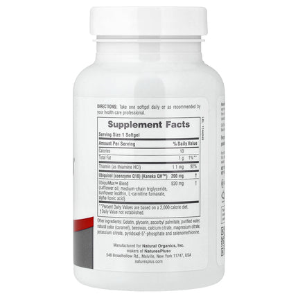 NaturesPlus Beyond CoQ10 ubiquinol 200 mg 60 softgel bottle showing directions, supplement facts and ingredients