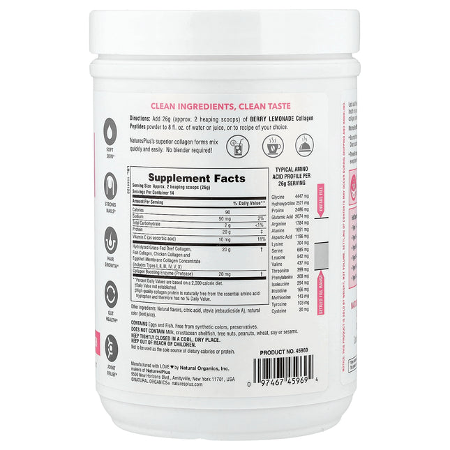 NaturesPlus Collagen Peptides, Berry Lemonade - Back label with supplement facts and ingredients
