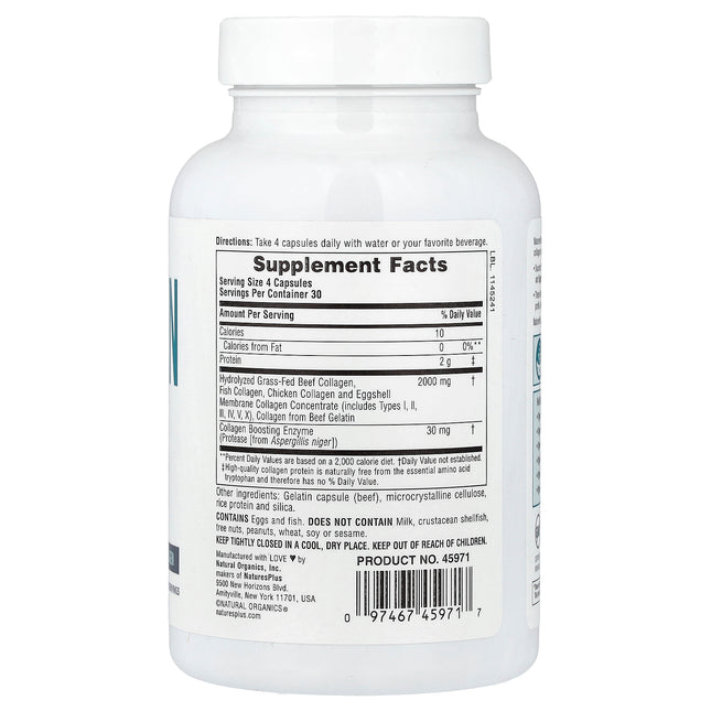 NaturesPlus Collagen Peptides Capsules - Back label with supplement facts and ingredients