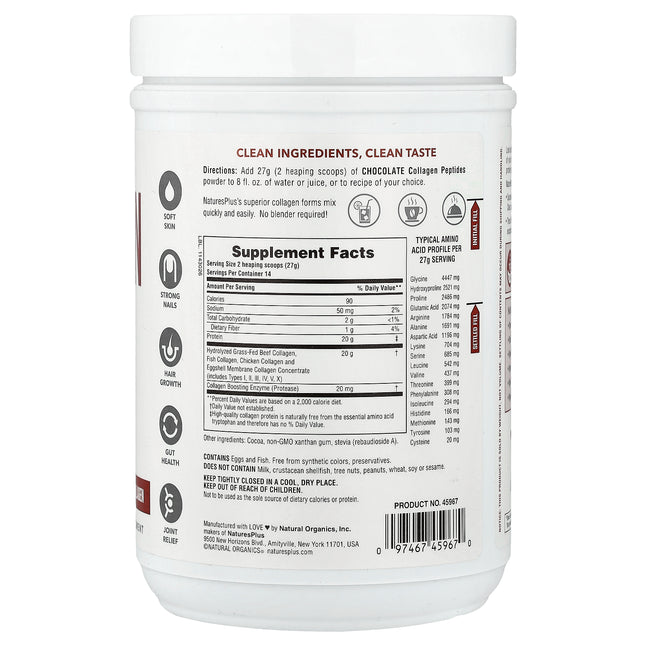 NaturesPlus Collagen Peptides, Chocolate - Back label with supplement facts and ingredients