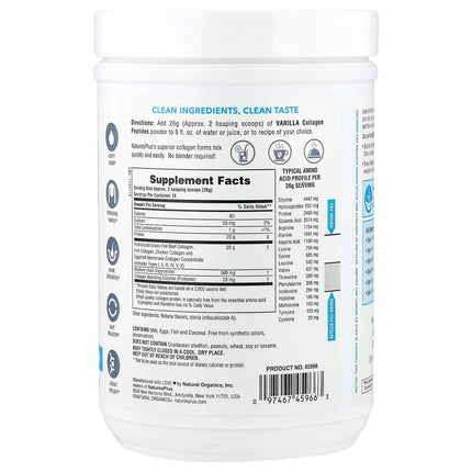 NaturesPlus Collagen Peptides, Vanilla - Back label with supplement facts and ingredients