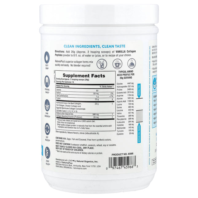NaturesPlus Collagen Peptides, Vanilla - Back label with supplement facts and ingredients