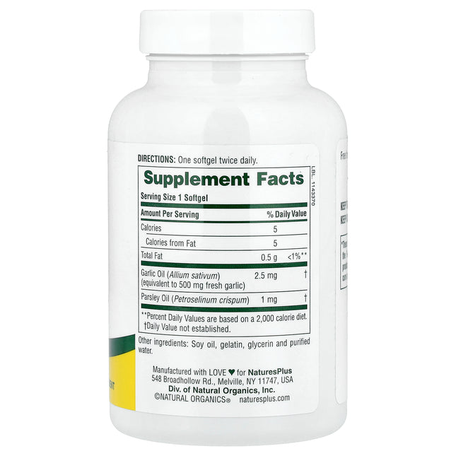 NaturesPlus Garlic and Parsley Oil 180 Softgels - back label with Supplement Facts