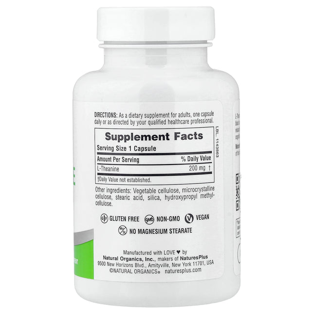 NaturesPlus Pro L-Theanine 200, 60 Capsules (200 mg per Capsule) - supplement facts and ingredients label
