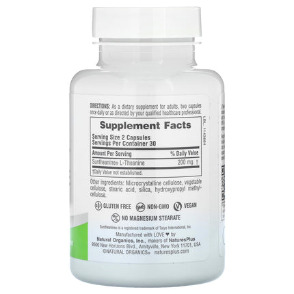 NaturesPlus Pro, Suntheanine L-Theanine 200, 60 Capsules (100 mg per Capsule) - supplement facts and ingredients label