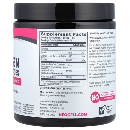 NeoCell Advanced Collagen Peptides + Hyaluronic Acid & Vitamin C, Unflavoured - Back label with supplement facts and ingredients