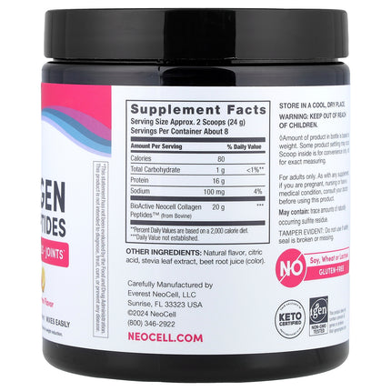 NeoCell Grass-fed Collagen Peptides, Berry Lemon - Back label with supplement facts and ingredients