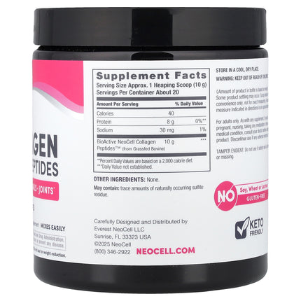 NeoCell Grass-fed Collagen Peptides, Unflavoured - Back label with supplement facts and ingredients