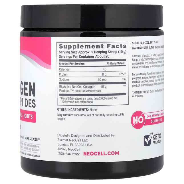 NeoCell Grass-fed Collagen Peptides, Unflavoured - Back label with supplement facts and ingredients