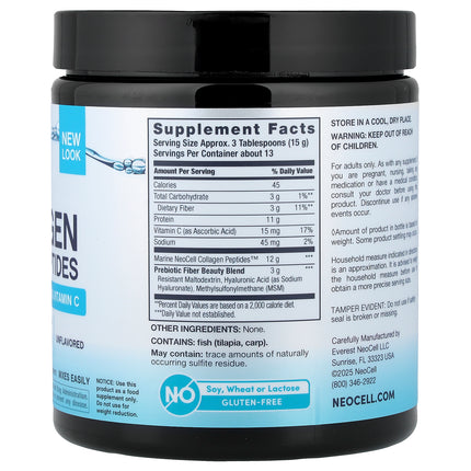 NeoCell Marine Collagen Peptides + Hyaluronic Acid, MSM & Vitamin C, Unflavoured - Back label with supplement facts and ingredients