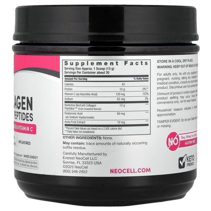 NeoCell Super Collagen Plus With Vitamin C & Hyaluronic Acid - Back label with supplement facts and ingredients