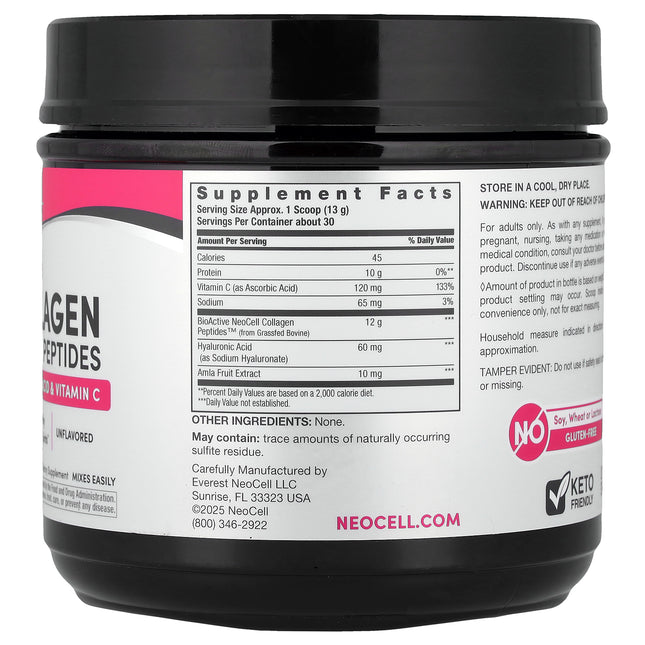 NeoCell Super Collagen Plus With Vitamin C & Hyaluronic Acid - Back label with supplement facts and ingredients