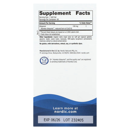 Nordic Naturals ubiquinol 100 mg bottle showing directions, supplement facts and ingredients