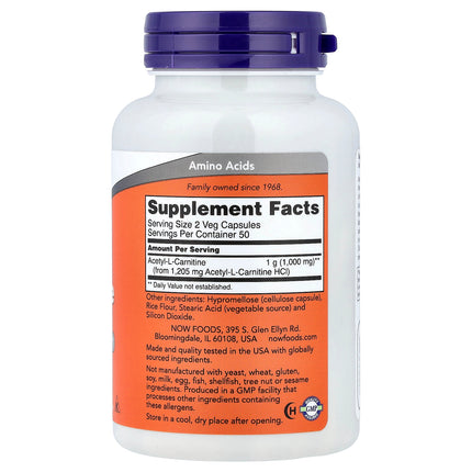 NOW Foods Acetyl-L-Carnitine, 500 mg 100 Veg Capsules - back label with supplement facts and ingredients