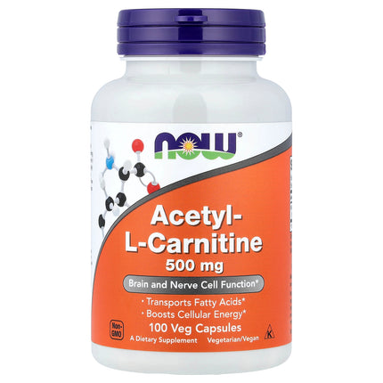 NOW Foods Acetyl-L-Carnitine, 500 mg 100 Veg Capsules - front of pack