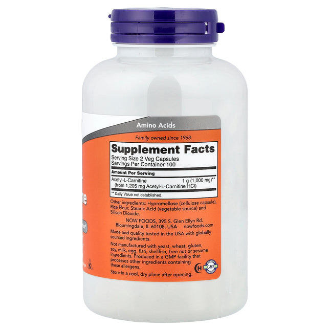 NOW Foods Acetyl-L-Carnitine, 500 mg 200 Veg Capsules - back label with supplement facts and ingredients