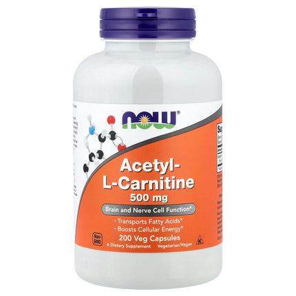 NOW Foods Acetyl-L-Carnitine, 500 mg 200 Veg Capsules - front of pack