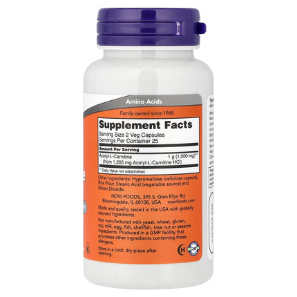 NOW Foods Acetyl-L-Carnitine, 500 mg 50 Veg Capsules - back label with supplement facts and ingredients
