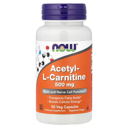 NOW Foods Acetyl-L-Carnitine, 500 mg 50 Veg Capsules - front of pack