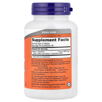 NOW Foods Acetyl-L-Carnitine, 750 mg 90 Tablets - back label with supplement facts and ingredients