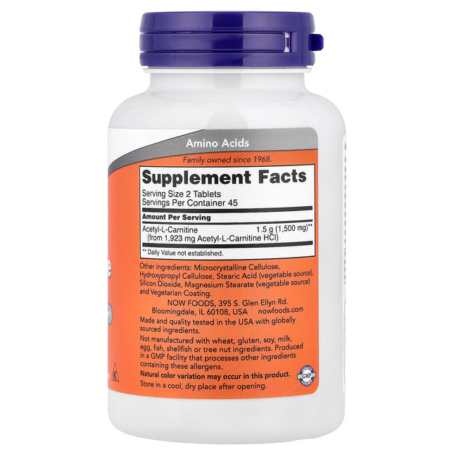 NOW Foods Acetyl-L-Carnitine, 750 mg 90 Tablets - back label with supplement facts and ingredients