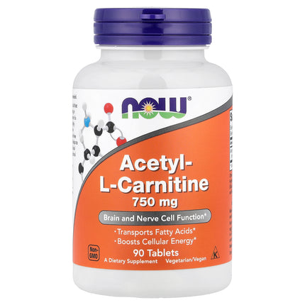 NOW Foods Acetyl-L-Carnitine, 750 mg 90 Tablets - front of pack
